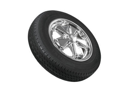 EMPI chrome 911-style wheel and Yokohama tire, side view, 5x130, EMPI 10-2025-0