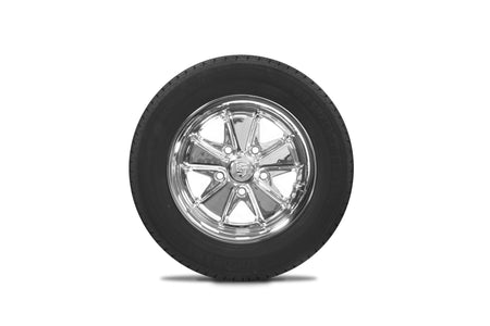 EMPI chrome 911-style wheel and Yokohama tire detail, 5x130, EMPI 10-2025-0