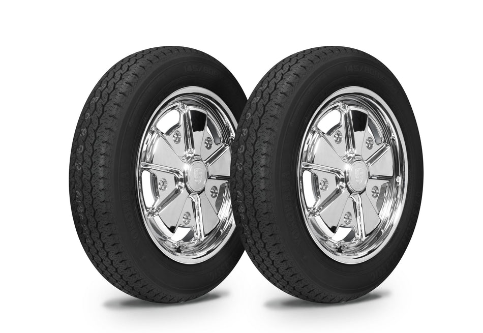 EMPI 10-2018-0 911 alloy wheel and tire set, chrome 4.5x15, wide-5 5x205, Yokohama GT Special 145/80R15, Porsche 356A/B 1956–1963 and VW wide-5