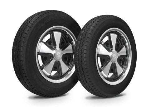 EMPI staggered 911 alloy wheels with Yokohama GT Special tires, black and polished 4.5/5.5x15 5x205, part 10-2023-0