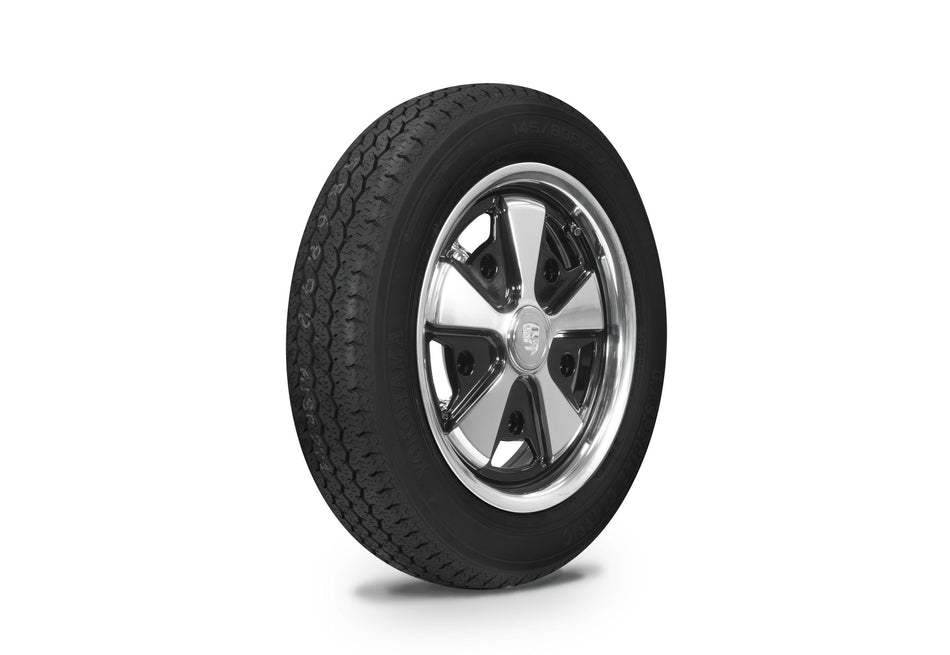 EMPI 911-style black/polished alloy wheel with Yokohama GT Special tire, 5x205, EMPI 10-2021-0 for VW Beetle 1950–67