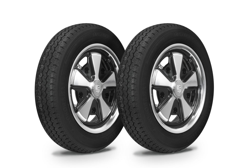 EMPI 911 alloy wheel and tire set of 4, black/polished 15x4.5, 5x205, Yokohama 145/80R15, for 1950–67 VW Beetle, Ghia & Porsche 356, EMPI 10-2021-0