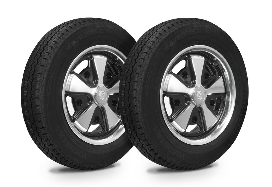 EMPI Wheel & Tire Combo, 911 Alloy Black/Polished 5.5x15 – 5/205, Yokohama GT Special 165/80R15 (10-2022-0)