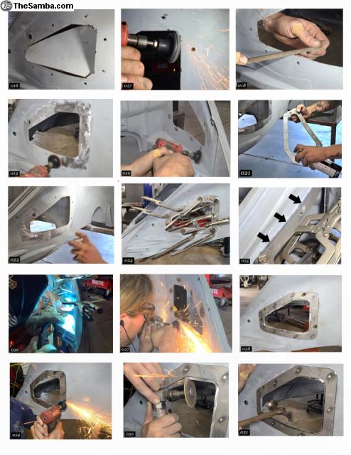 VW Beetle engine compartment with Washburn Windows panels providing spark plug access