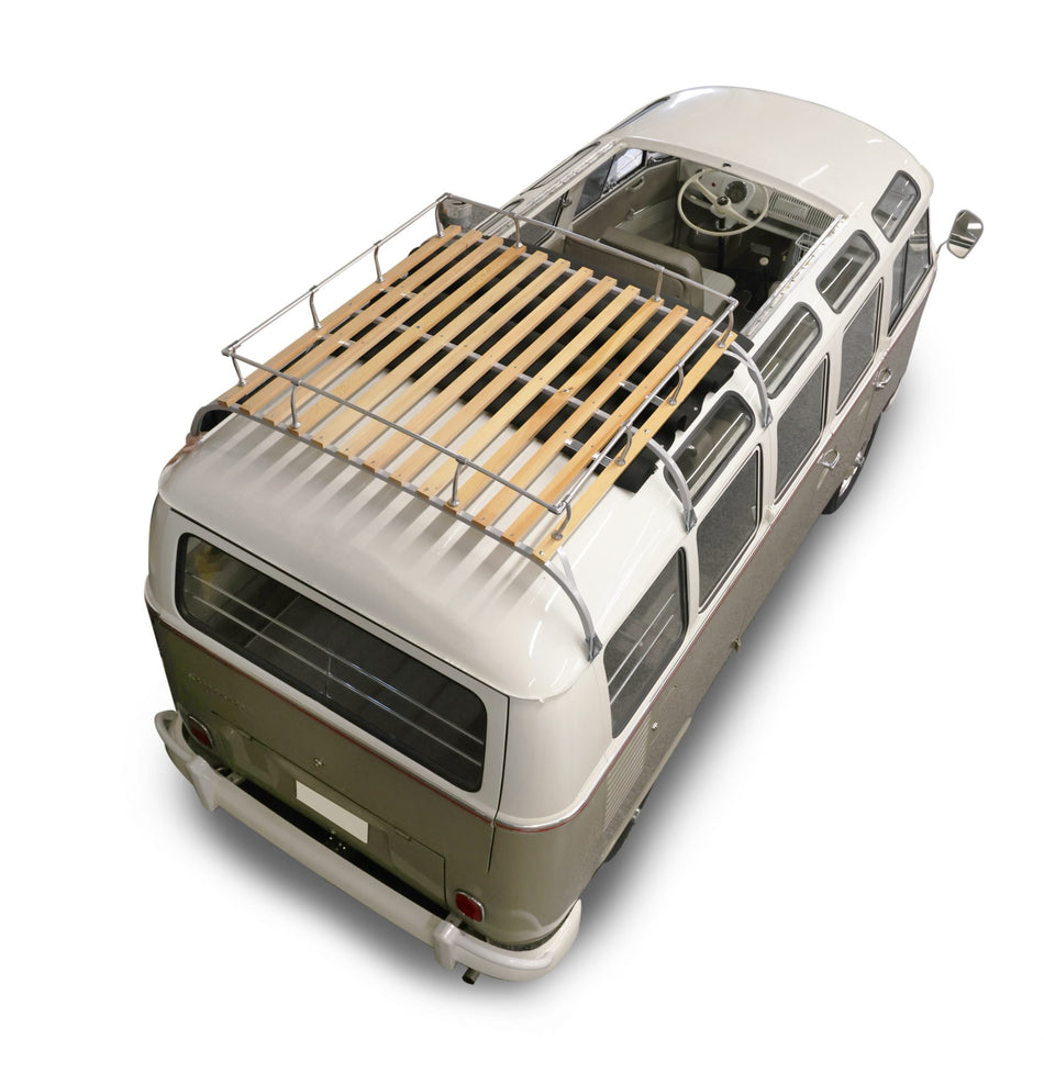 EMPI Type 2 Wood Slat Roof Rack mounted on VW Bus 15-2011-0