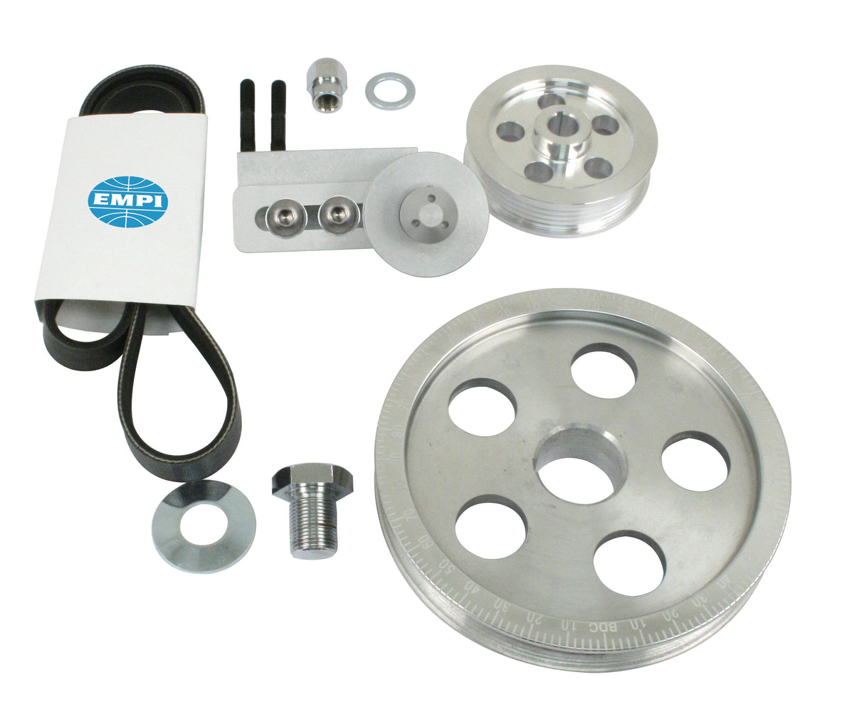 EMPI 17-2811-0 serpentine belt pulley system, polished billet aluminum, for air-cooled VW Type 1 engines