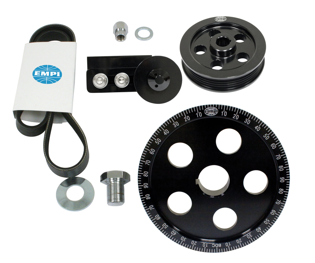 EMPI 17-2911-0 serpentine belt pulley system, black anodized billet aluminum, VW Type 1
