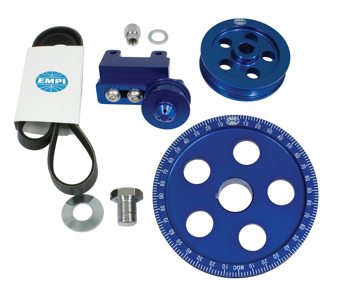 EMPI 18-1070-0 serpentine belt pulley system, blue anodized billet aluminum, VW Type 1