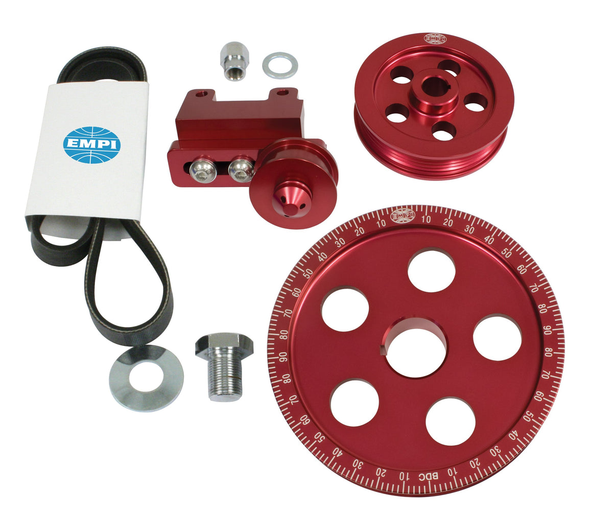 EMPI 18-1071-0 serpentine belt pulley system, red anodized billet aluminum, VW Type 1