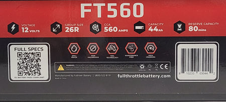 Full Throttle FT560 High-Performance AGM Battery | 12V 560 CCA Group 26R