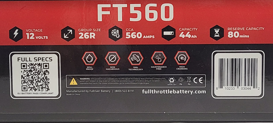 Full Throttle FT560 High-Performance AGM Battery | 12V 560 CCA Group 26R