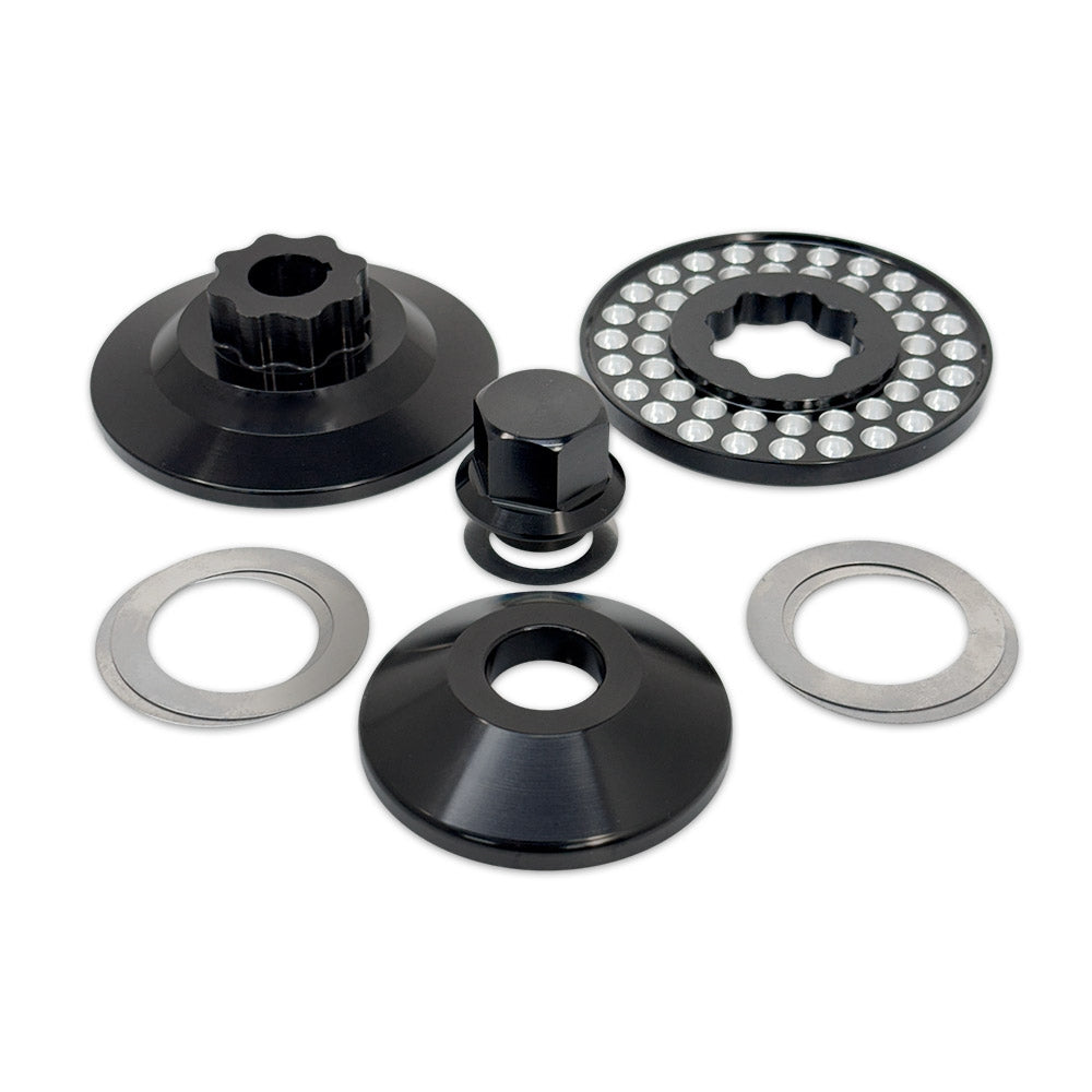 CMI 3.25 inch dimpled billet alt/gen power pulley kit exploded view with nut, spacer and shims (2115)