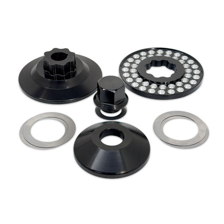 CMI 3.25 inch dimpled billet alt/gen power pulley kit exploded view with nut, spacer and shims (2115)