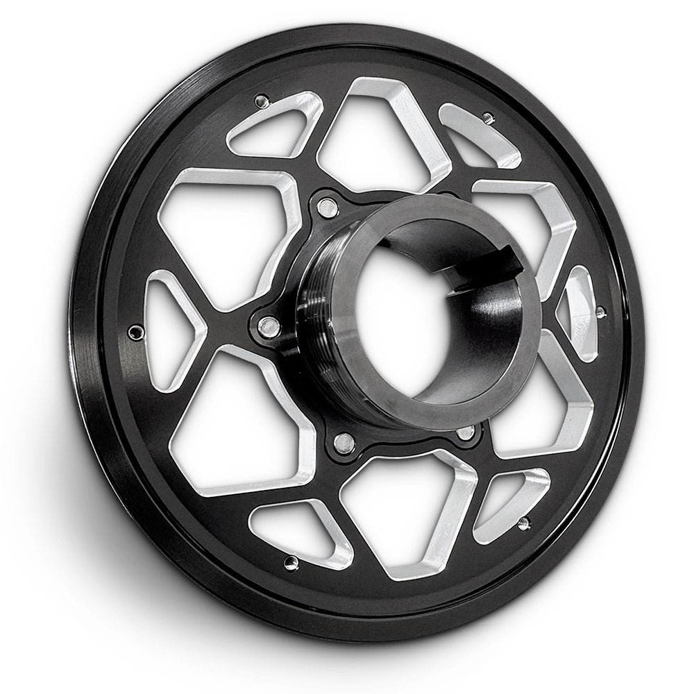 CMI 5.25 inch 12-spoke billet crank pulley, rear view of black zinc 4140 steel stock hub (2116)