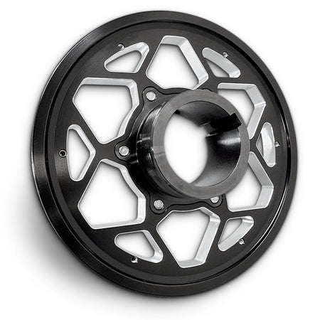 CMI 5.25 inch 12-spoke billet crank pulley, rear view of black zinc 4140 steel stock hub (2116)