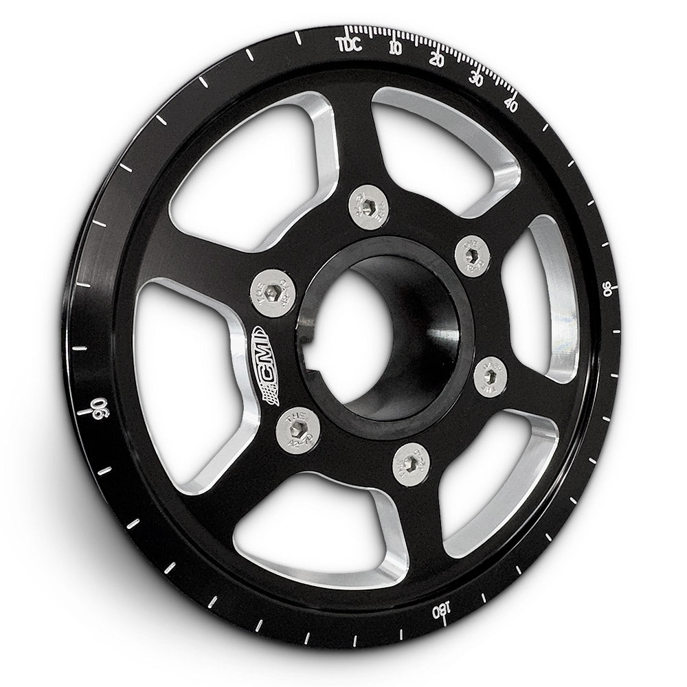 CMI 5.25 inch 6-spoke billet crank pulley kit, black hard anodized, air-cooled VW Type 1 (2118 / 2118-SS)