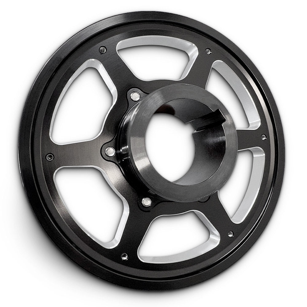 CMI 5.25 inch 6-spoke billet crank pulley, rear view of black zinc 4140 steel stock hub (2118)