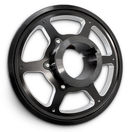 CMI 5.25 inch 6-spoke billet crank pulley, rear view of black zinc 4140 steel stock hub (2118)