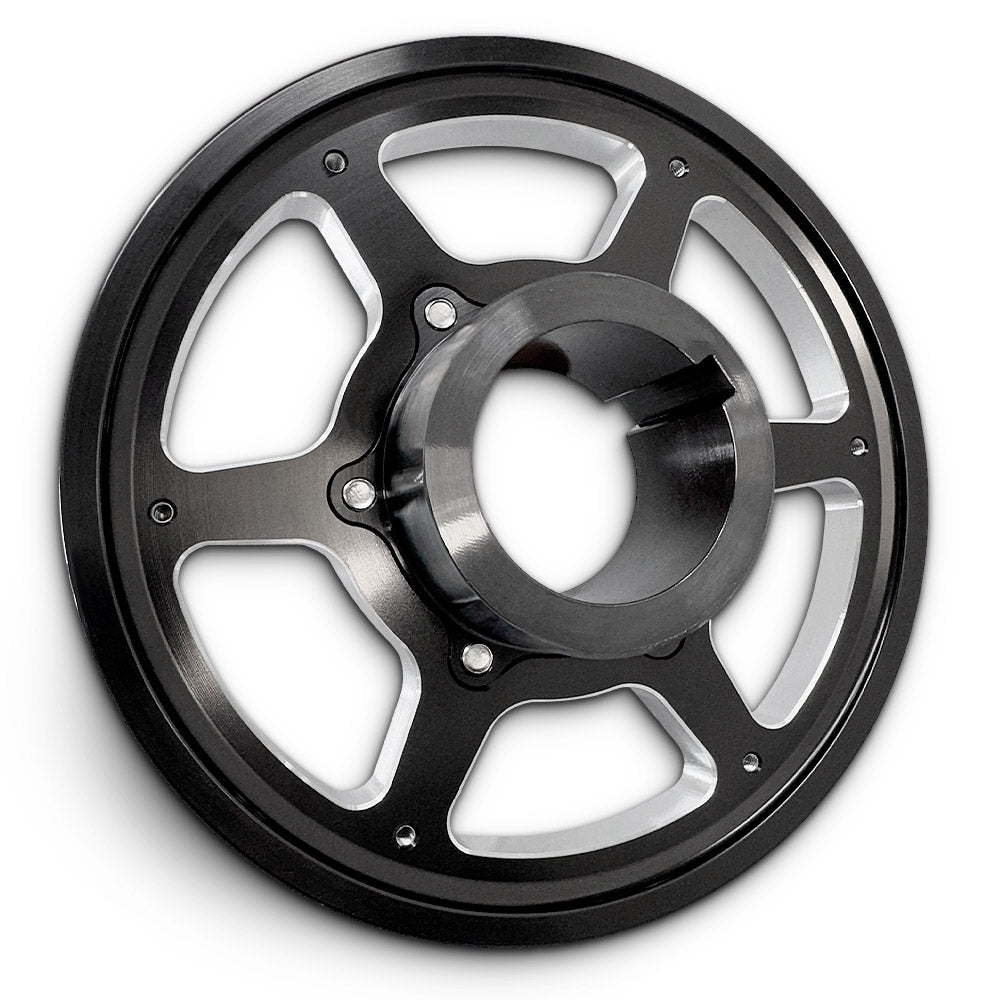 CMI 5.25 inch 6-spoke billet crank pulley, rear view of sand seal hub (2118-SS)