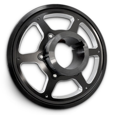 CMI 5.25 inch 6-spoke billet crank pulley, rear view of sand seal hub (2118-SS)