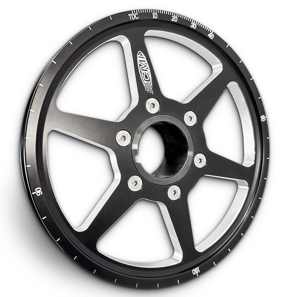 CMI 6.75 inch 6-spoke billet crank pulley kit, black hard anodized, air-cooled VW Type 1 (2119 / 2119-SS)