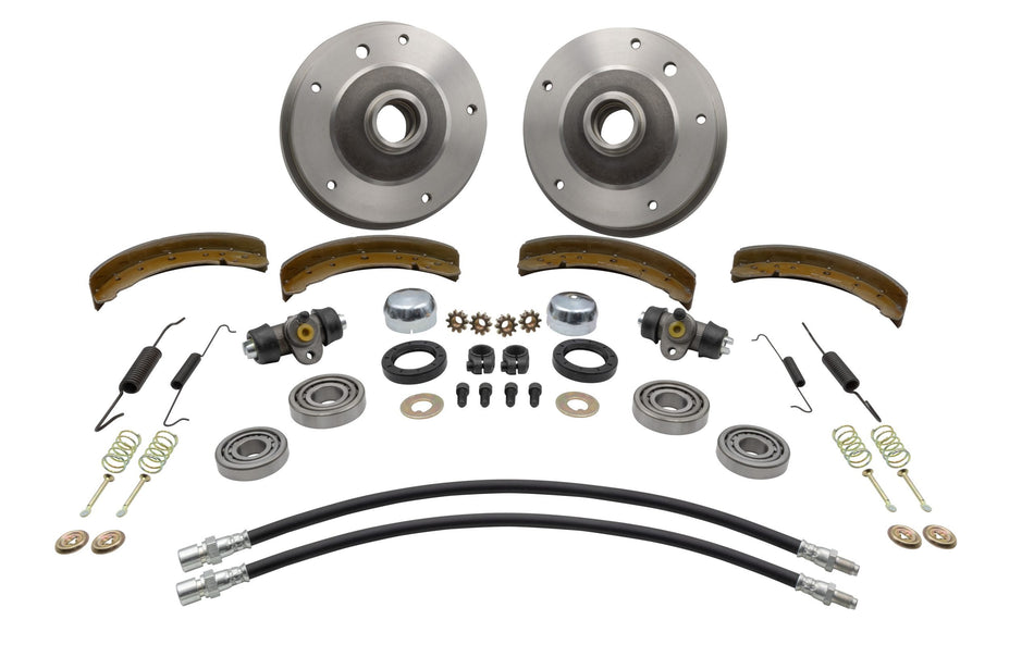 EMPI 22-4000-0 front drum brake kit, link pin 5x205mm, drums, shoes, wheel cylinders and hoses for 1958–1964 VW Type 1 and Ghia