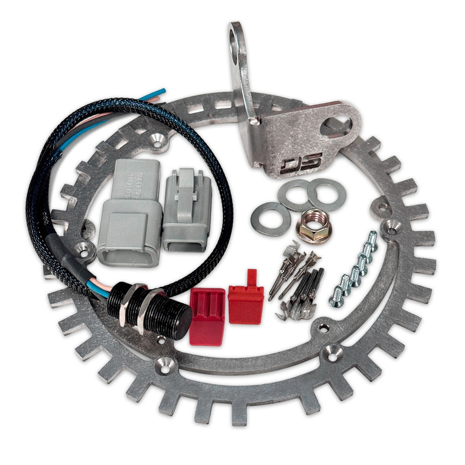 CMI 5.25 inch crank trigger wheel kit contents: 36-1 stainless wheel, sensor bracket, Hall sensor, DTM connector and hardware (2513)