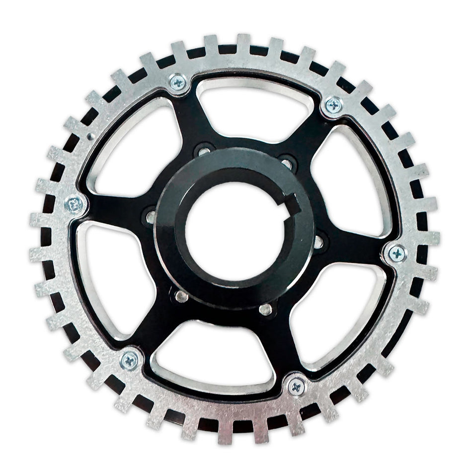 36-1 stainless trigger wheel mounted on the back of a CMI 5.25 inch billet crank pulley (2513)