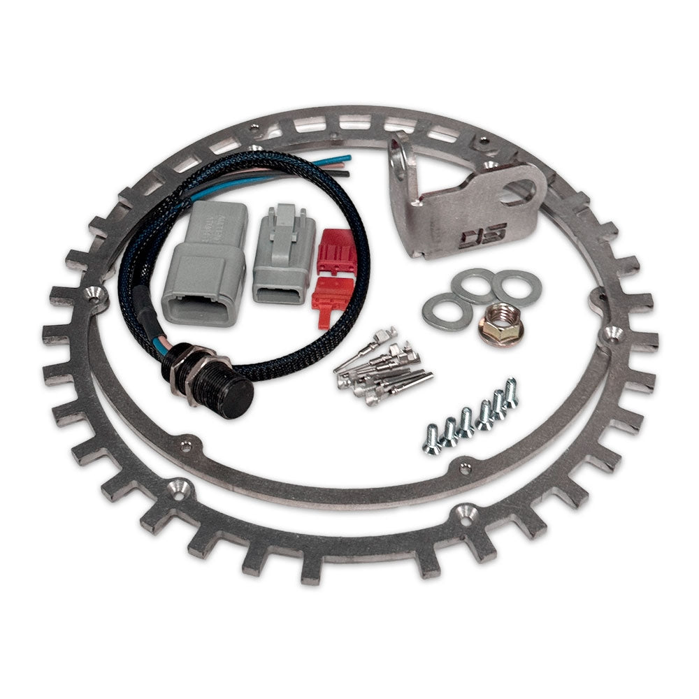 CMI 6.75 inch crank trigger wheel kit contents: 36-1 stainless wheel, sensor bracket, Hall sensor, DTM connector and hardware (2514)