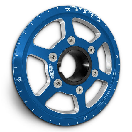 CMI 5.25 inch 6-spoke billet crank pulley kit, blue anodized, stock hub (2526)
