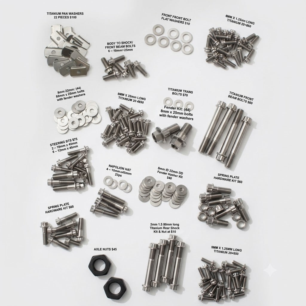 An overhead flat-lay of various silver metal automotive hardware components, including bolts, nuts, washers, and pins, arranged on a light gray background with handwritten text labels identifying each part.