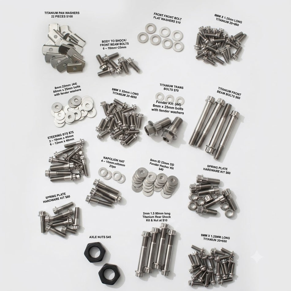 An overhead flat-lay of various silver metal automotive hardware components, including bolts, nuts, washers, and pins, arranged on a light gray background with handwritten text labels identifying each part.