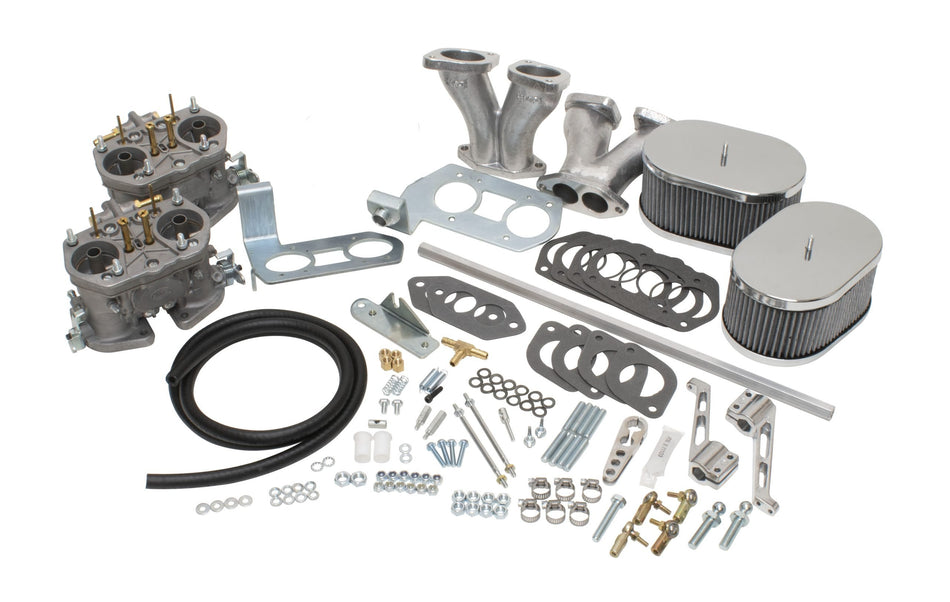 Genuine Weber 40mm IDF dual carburetor kit for Type 1 VW Beetle, Ghia, Bus and Thing with chrome air cleaners and linkage (43-7317-0)