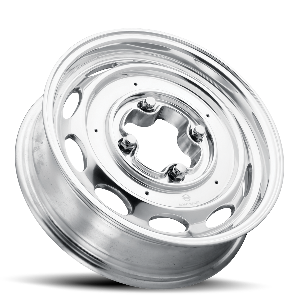 Mobelwagen 430 Interceptor polished wheel laid flat, showing the 4x130 lug holes