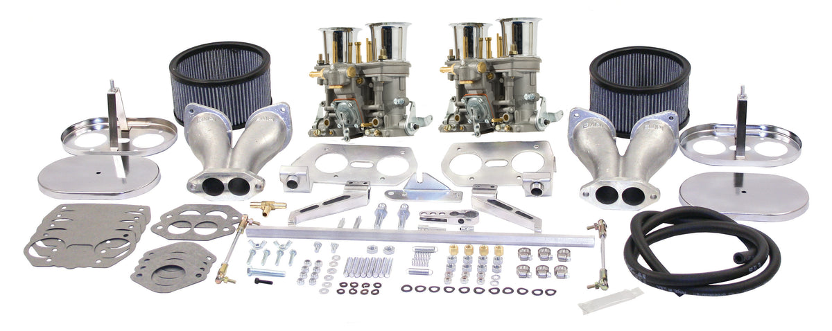 EMPI 47-7317-0 dual 40mm HPMX carburetor kit with chrome air cleaners and hex bar linkage, VW Type 1 — EMPI photo