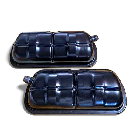 Restored German VW valve covers pair with TIG-welded -8 AN breather bungs — semi-gloss black powder coat