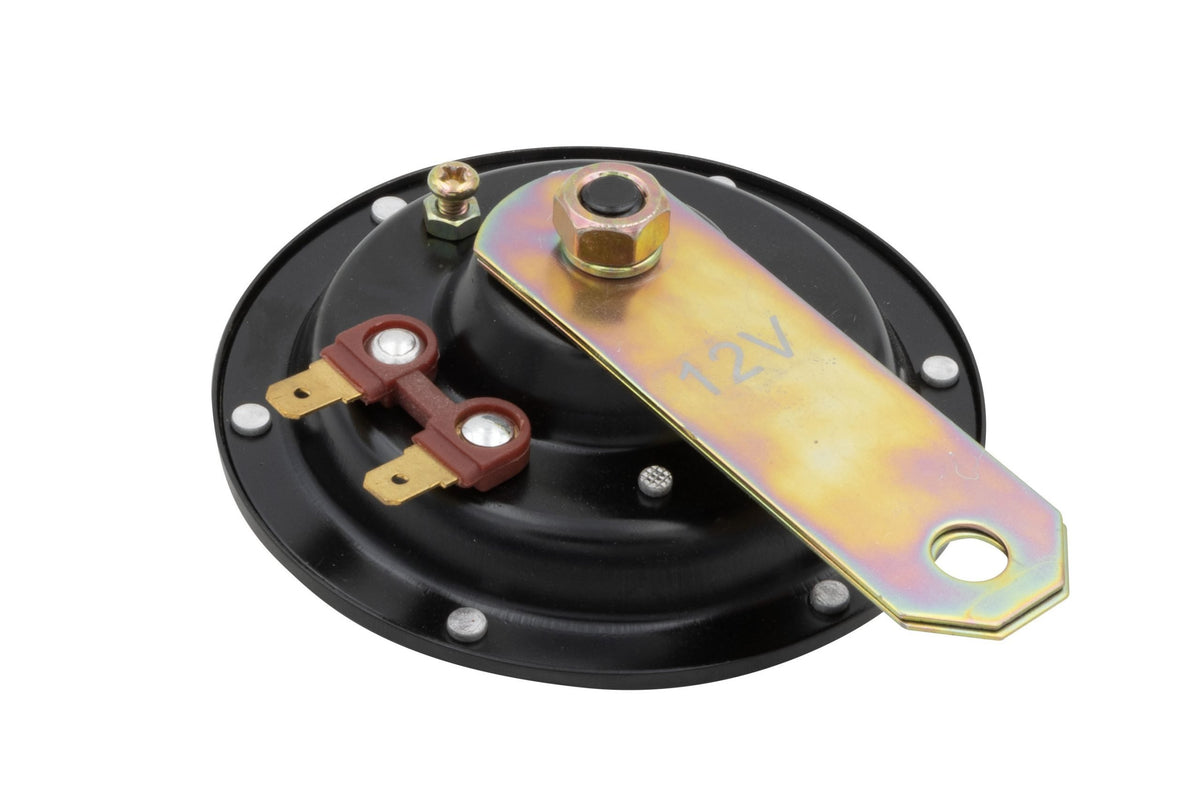 EMPI 98-2031-B aftermarket 12V horn (not Hella) — black housing, gold-tone bracket
