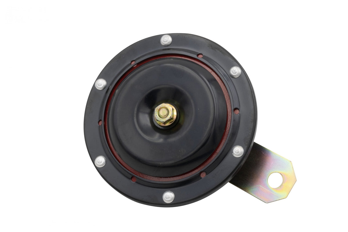 EMPI 98-2031-B aftermarket 12V horn (not Hella) — front view, black housing