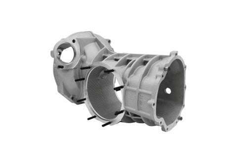 EMPI HD reinforced aluminum VW transaxle case, angled 3/4 view showing cast gussets and machining