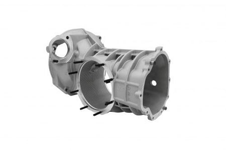 EMPI HD reinforced aluminum VW transaxle case, angled 3/4 view showing cast gussets and machining