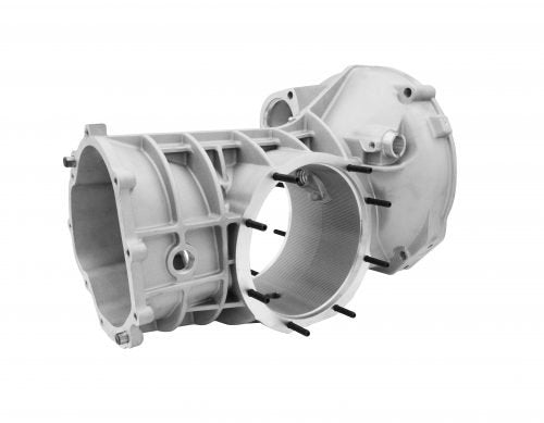EMPI Rhino-style aluminum VW transaxle case, rear view with gear housing and mounting flange