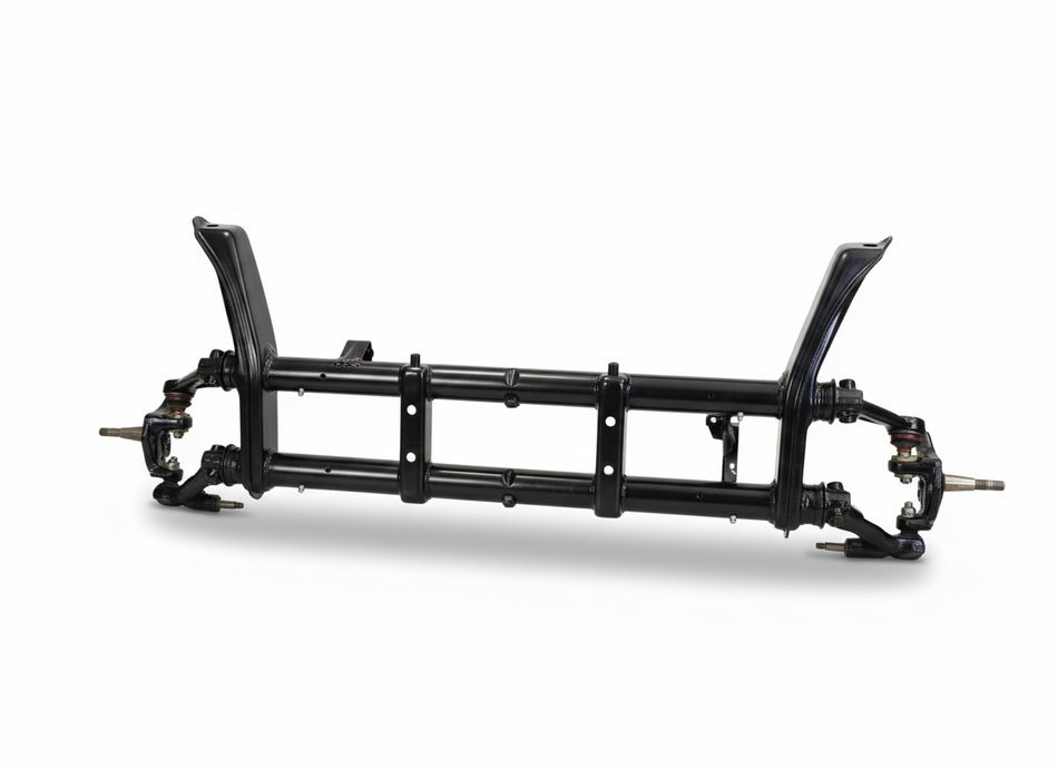 Fully restored German OEM ball joint front beam for VW Beetle 1966-77 — spindle-to-spindle assembly with powder-coated arms and Italian ball joints