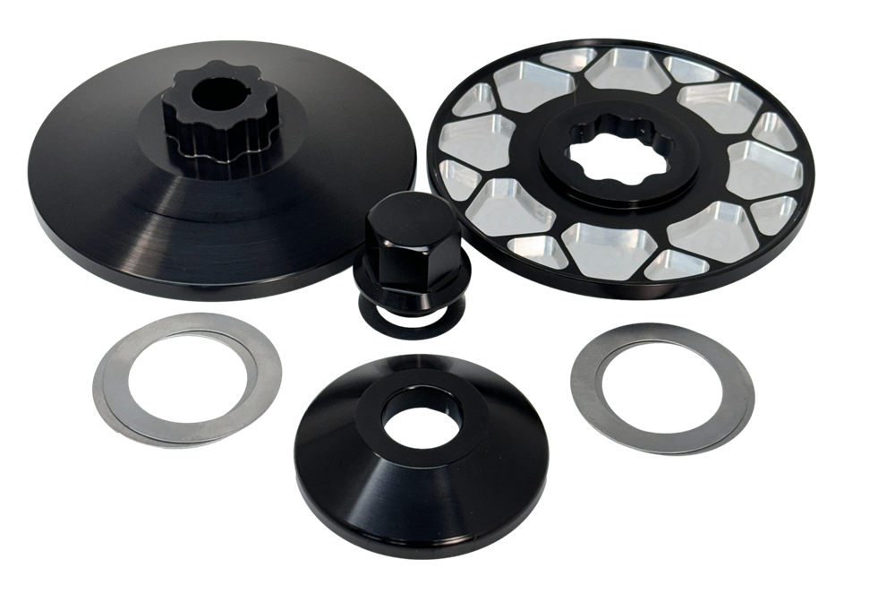 CMI billet alt/gen pulley kit contents: pulley halves, 7075 nut, spacer and 0.015 inch steel shims