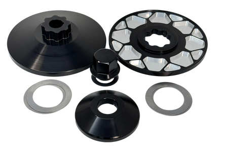 CMI billet alt/gen pulley kit contents: pulley halves, 7075 nut, spacer and 0.015 inch steel shims