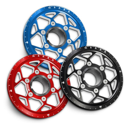 CMI 5.25 inch 12-spoke billet crank power pulleys in red, blue and black anodized