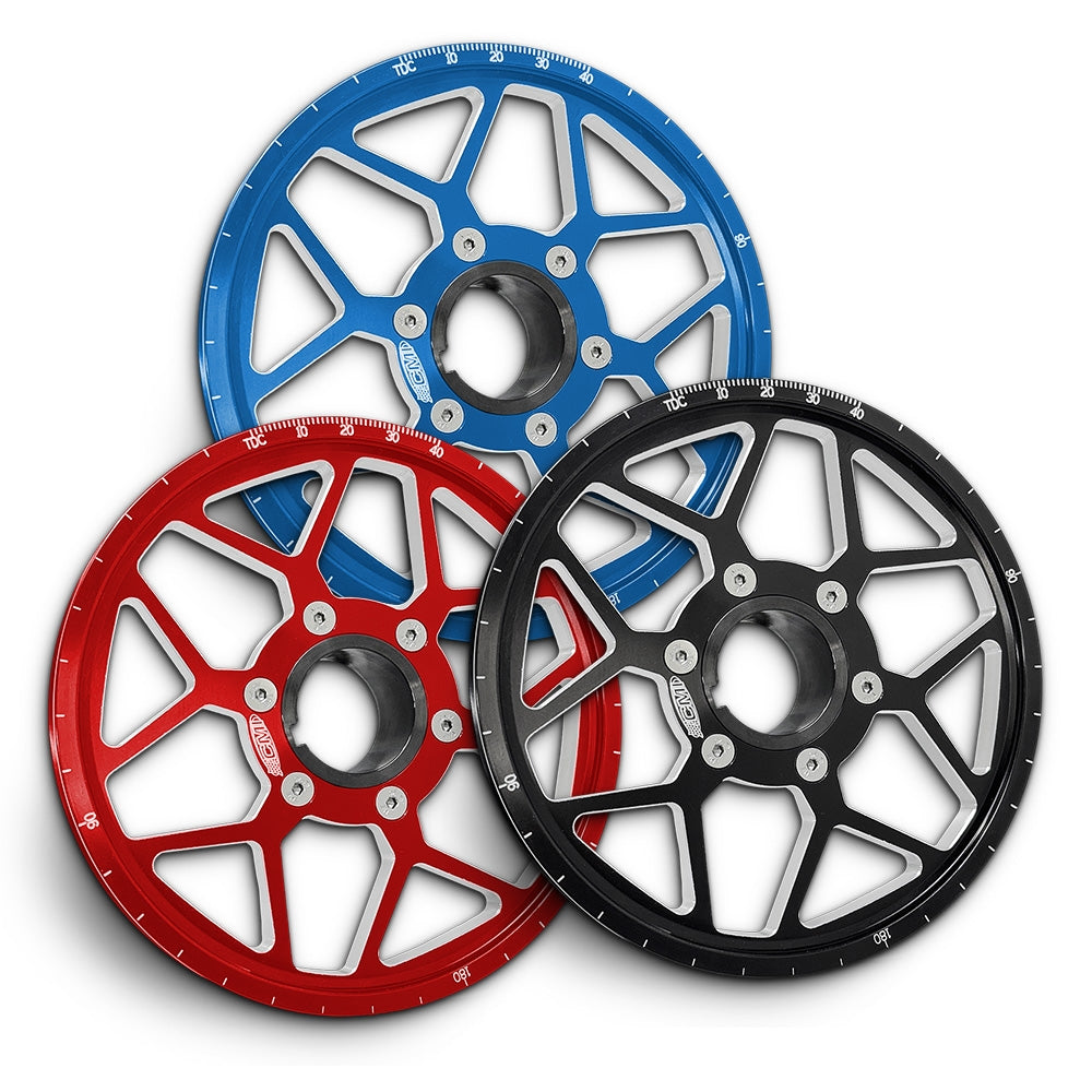 CMI 6.75 inch 12-spoke billet crank pulleys in red, blue and black anodized