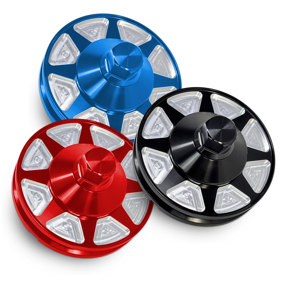 CMI 4.3 inch 8-spoke billet alternator/generator pulleys in black, red and blue anodized