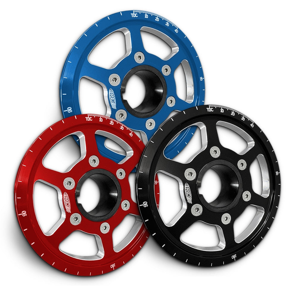 CMI 5.25 inch 6-spoke billet crank power pulleys in red, blue and black anodized