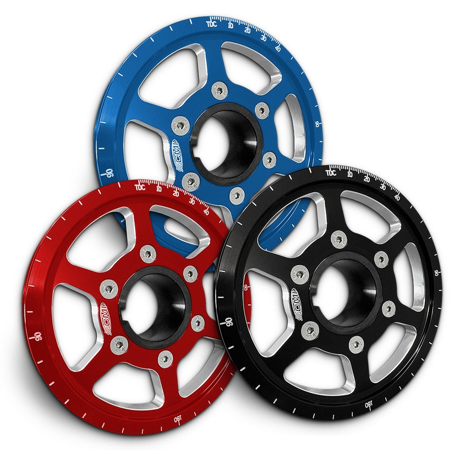 CMI 5.25 inch 6-spoke billet crank power pulleys in red, blue and black anodized