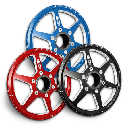 CMI 6.75 inch 6-spoke billet crank pulleys in red, blue and black anodized